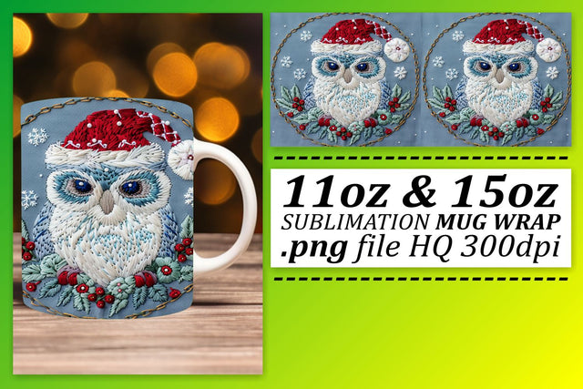 Christmas Owl Mug Wrap Embroidered Holiday 11oz 15oz Sublimation afrosvg 