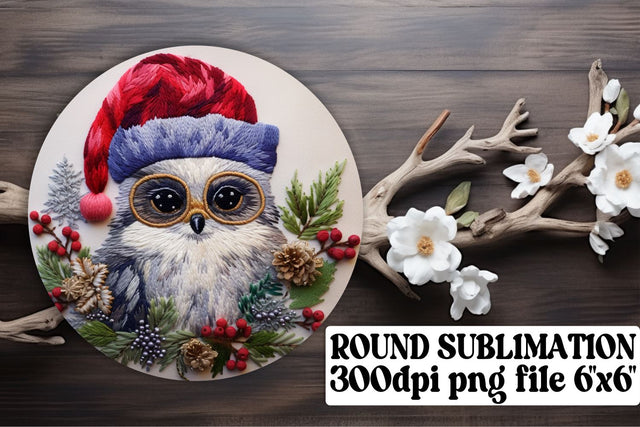 Christmas Owl Round Design Embroidered Sublimation afrosvg 
