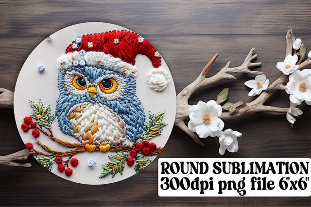 Christmas Owl Round Design Embroidered Sublimation afrosvg 