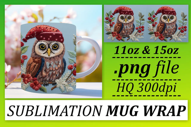 Christmas Owl Wrap 11oz 15oz Mug Embroidered Design Sublimation afrosvg 