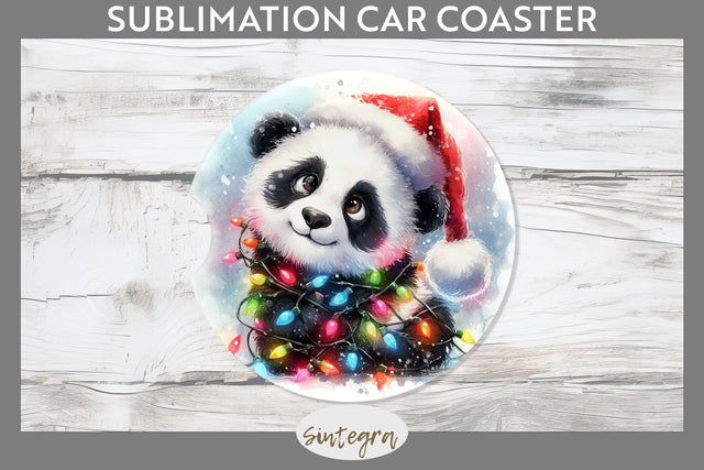 Christmas Panda Entangled in Lights Car Coaster Sublimation Sublimation Sintegra 