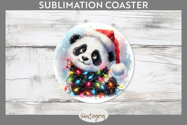 Christmas Panda Entangled in Lights Round Coaster Sublimation Sublimation Sintegra 
