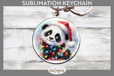 Christmas Panda Entangled in Lights Round Keychain Sublimation Sublimation Sintegra 