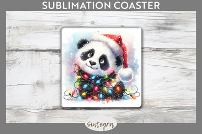 Christmas Panda Entangled in Lights Square Coaster Sublimation Sublimation Sintegra 