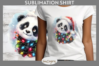 Christmas Panda Entangled in Lights T-shirt Sublimation Sublimation Sintegra 