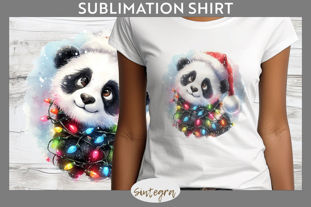 Christmas Panda Entangled in Lights T-shirt Sublimation Sublimation Sintegra 