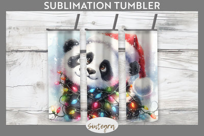 Christmas Panda Entangled in Lights Tumbler Sublimation 20 oz Skinny Sublimation Sintegra 