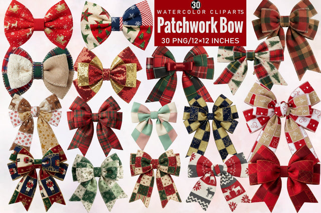 Christmas Patchwork Bow Clipart Bundle Sublimation SVGArt 