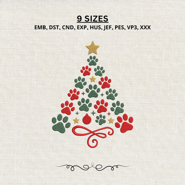 Christmas Paw Print Tree Embroidery Design – Dog Cat Christmas Machine Embroidery File, Pet Lover Holiday Design Embroidery/Applique DESIGNS PatternFeed8 