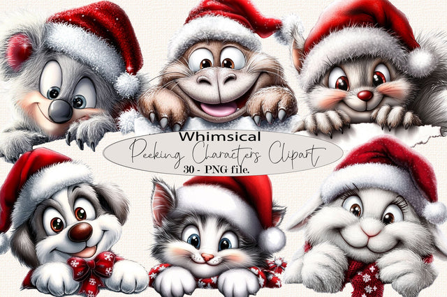 Christmas Peeking Characters Clipart PNG B Bundle. Sublimation SVGArt 