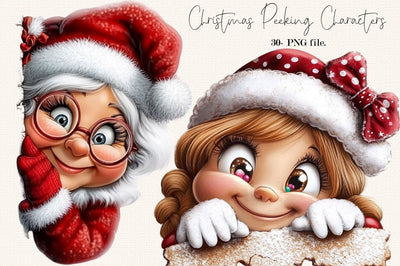 Christmas Peeking Characters Clipart PNG Bundle. Sublimation SVGArt 