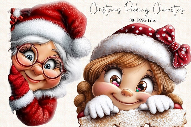 Christmas Peeking Characters Clipart PNG Bundle. Sublimation SVGArt 