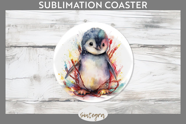 Christmas Penguin Animal entangled in lights Round Coaster Sublimation Sublimation Sintegra 