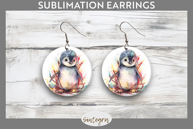 Christmas Penguin Animal entangled in lights Round Earrings Sublimation Sublimation Sintegra 