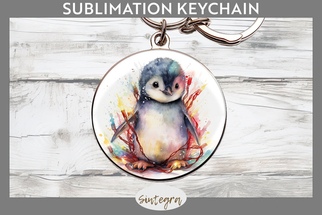Christmas Penguin Animal entangled in lights Round Keychain Sublimation Sublimation Sintegra 