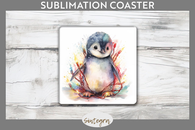 Christmas Penguin Animal entangled in lights Square Coaster Sublimation Sublimation Sintegra 