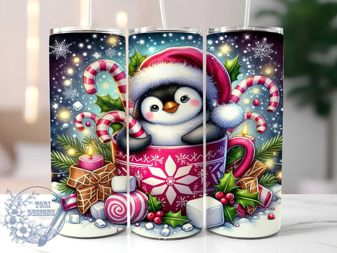 Christmas Penguin Hot Chocolate 20oz Skinny Tumbler PNG, Cute Penguin Tumbler Sublimation Wrap, Straight & Tapered Tumbler Wrap, Instant Digital Download Sublimation ToriDesigns 