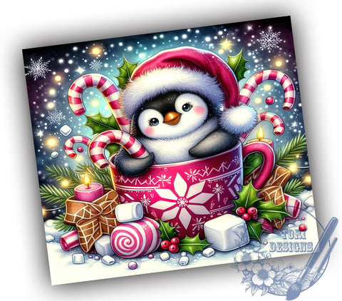 Christmas Penguin Hot Chocolate 20oz Skinny Tumbler PNG, Cute Penguin Tumbler Sublimation Wrap, Straight & Tapered Tumbler Wrap, Instant Digital Download Sublimation ToriDesigns 