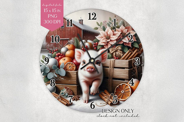Christmas Pig Wall Clock Sublimation Design PNG Sublimation BijouBay 