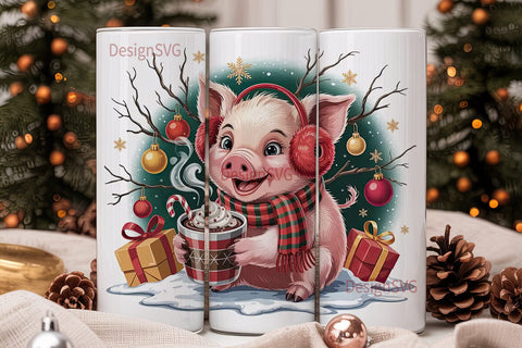 Christmas Piglet with Hot Cocoa Tumbler Sublimation DesignSVG 
