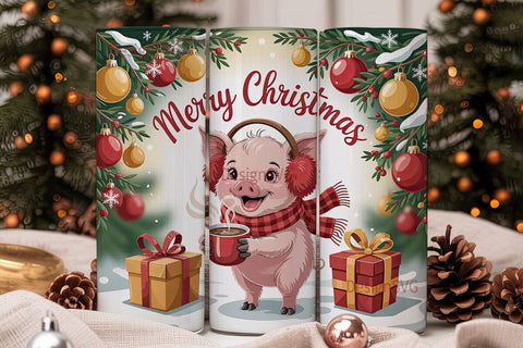 Christmas Piglet with Hot Cocoa Tumbler Sublimation DesignSVG 