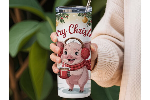 Christmas Piglet with Hot Cocoa Tumbler Sublimation DesignSVG 