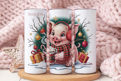 Christmas Piglet with Hot Cocoa Tumbler Sublimation DesignSVG 