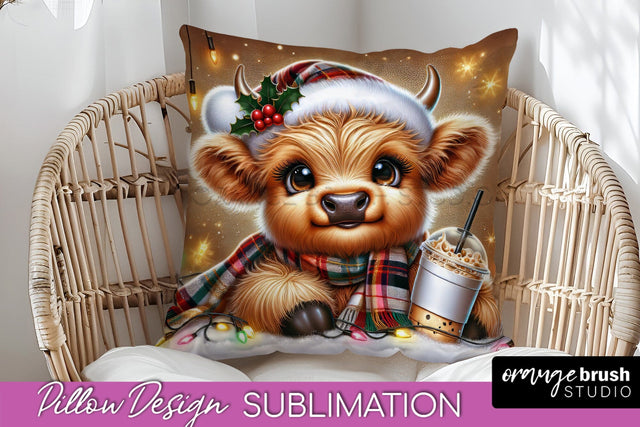 Christmas Pillow Sublimation, Highland Cow Pillow Cover PNG Sublimation OrangeBrushStudio 