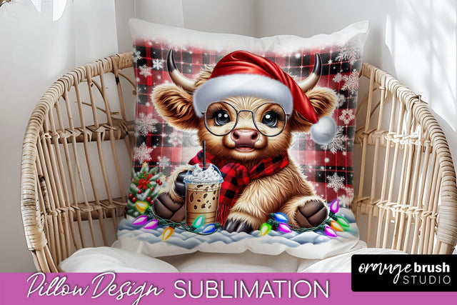 Christmas Pillow Sublimation, Highland Cow Pillow Cover PNG Sublimation OrangeBrushStudio 
