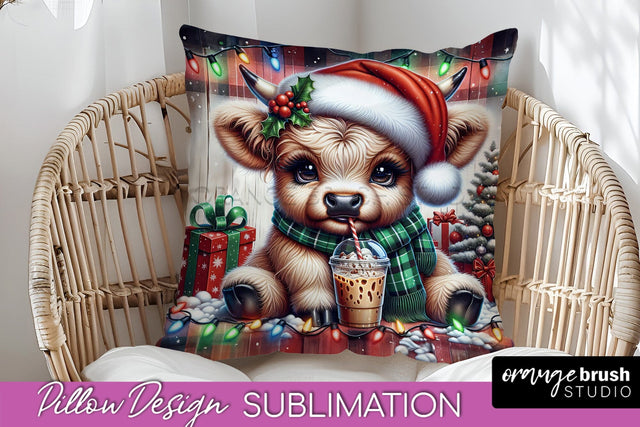 Christmas Pillow Sublimation, Highland Cow Pillow Cover PNG Sublimation OrangeBrushStudio 