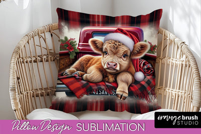 Christmas Pillow Sublimation, Highland Cow Pillow Cover PNG Sublimation OrangeBrushStudio 