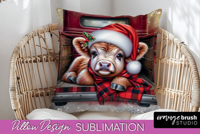 Christmas Pillow Sublimation, Highland Cow Pillow Cover PNG Sublimation OrangeBrushStudio 