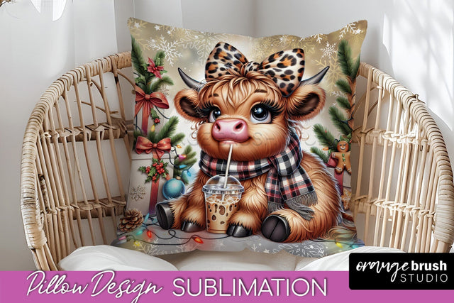 Christmas Pillow Sublimation, Highland Cow Pillow Cover PNG Sublimation OrangeBrushStudio 
