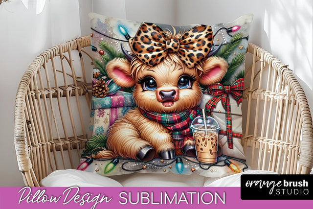 Christmas Pillow Sublimation, Highland Cow Pillow Cover PNG Sublimation OrangeBrushStudio 