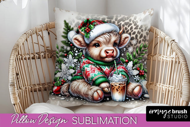 Christmas Pillow Sublimation, Highland Cow Pillow Cover PNG Sublimation OrangeBrushStudio 