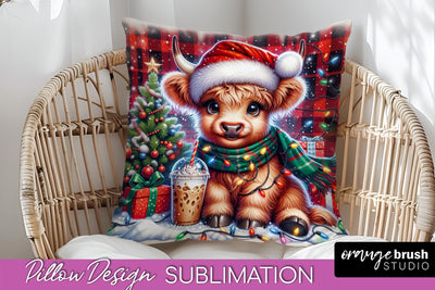 Christmas Pillow Sublimation, Highland Cow Pillow Cover PNG Sublimation OrangeBrushStudio 