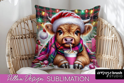 Christmas Pillow Sublimation, Highland Cow Pillow Cover PNG Sublimation OrangeBrushStudio 
