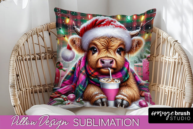 Christmas Pillow Sublimation, Highland Cow Pillow Cover PNG Sublimation OrangeBrushStudio 