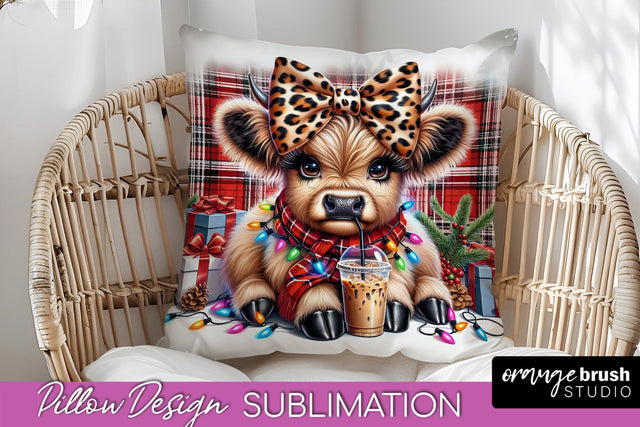 Christmas Pillow Sublimation, Highland Cow Pillow Cover PNG Sublimation OrangeBrushStudio 