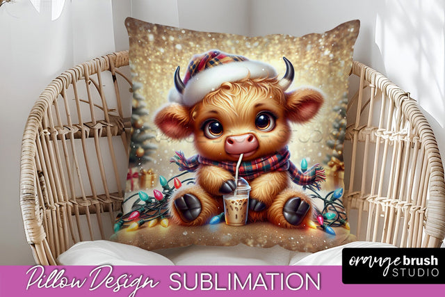 Christmas Pillow Sublimation, Highland Cow Pillow Cover PNG Sublimation OrangeBrushStudio 