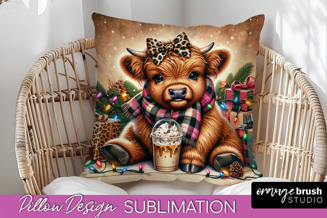 Christmas Pillow Sublimation, Highland Cow Pillow Cover PNG Sublimation OrangeBrushStudio 