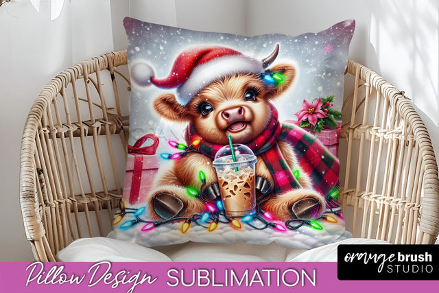Christmas Pillow Sublimation, Highland Cow Pillow Cover PNG Sublimation OrangeBrushStudio 