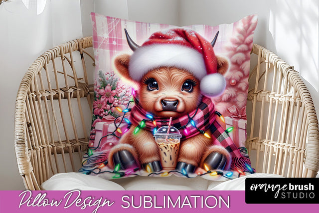 Christmas Pillow Sublimation, Highland Cow Pillow Cover PNG Sublimation OrangeBrushStudio 