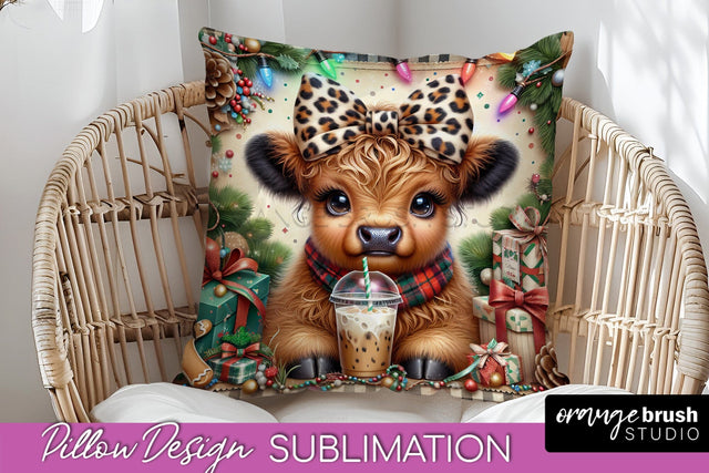Christmas Pillow Sublimation, Highland Cow Pillow Cover PNG Sublimation OrangeBrushStudio 