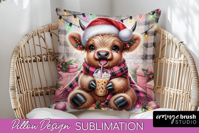 Christmas Pillow Sublimation, Highland Cow Pillow Cover PNG Sublimation OrangeBrushStudio 