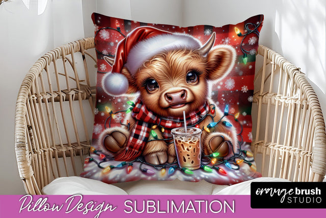 Christmas Pillow Sublimation, Highland Cow Pillow Cover PNG Sublimation OrangeBrushStudio 