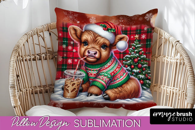 Christmas Pillow Sublimation, Highland Cow Pillow Cover PNG Sublimation OrangeBrushStudio 