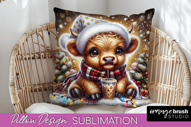 Christmas Pillow Sublimation, Highland Cow Pillow Cover PNG Sublimation OrangeBrushStudio 