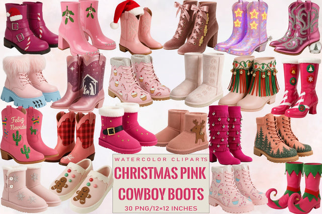 Christmas Pink Cowboy Boots Clipart Bundle. Sublimation SVGArt 
