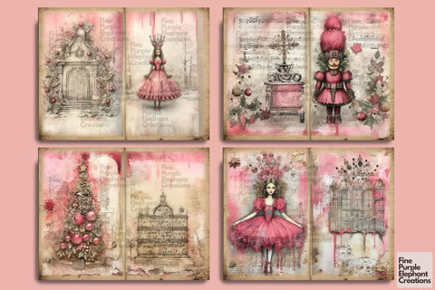 Christmas Pink Nutcracker Ballet | Junk Journal Pages Digital Pattern Fine Purple Elephant Creations 